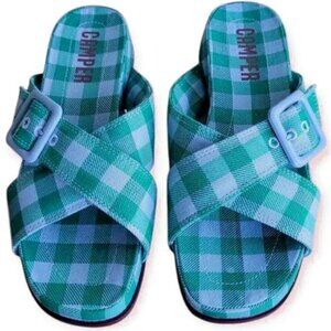 Camper Atonik Green Gingham Sandals EU 37 / US 7 Comfort Slide Sustainable Eco
